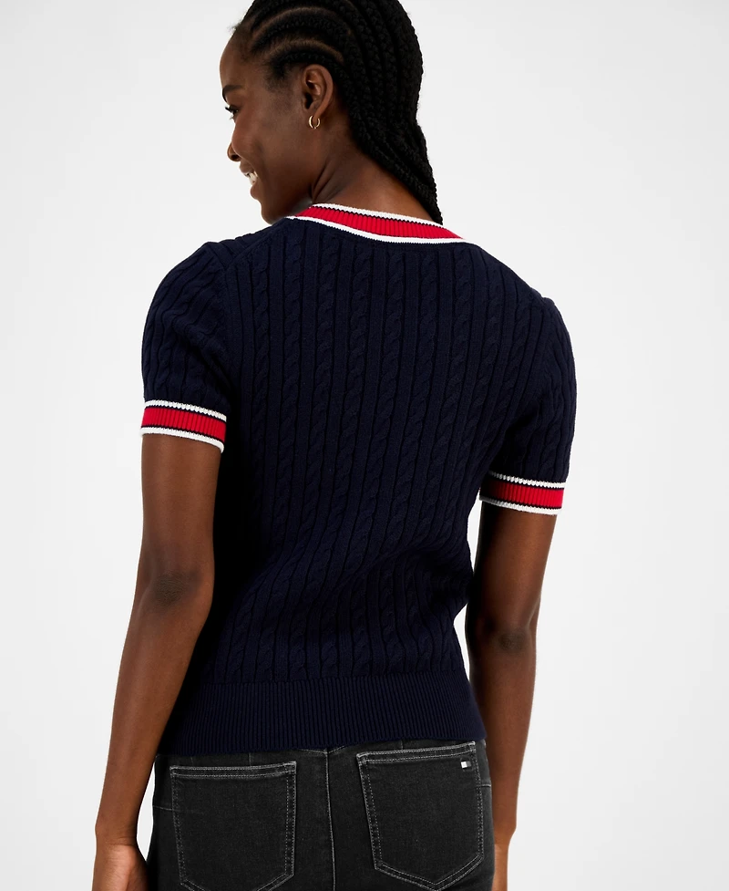 Tommy Hilfiger Women's Cotton Short-Sleeve Cable Knit Sweater