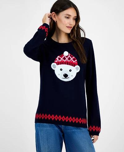 Tommy Hilfiger Women's Cotton Beanie Bear Crewneck Sweater