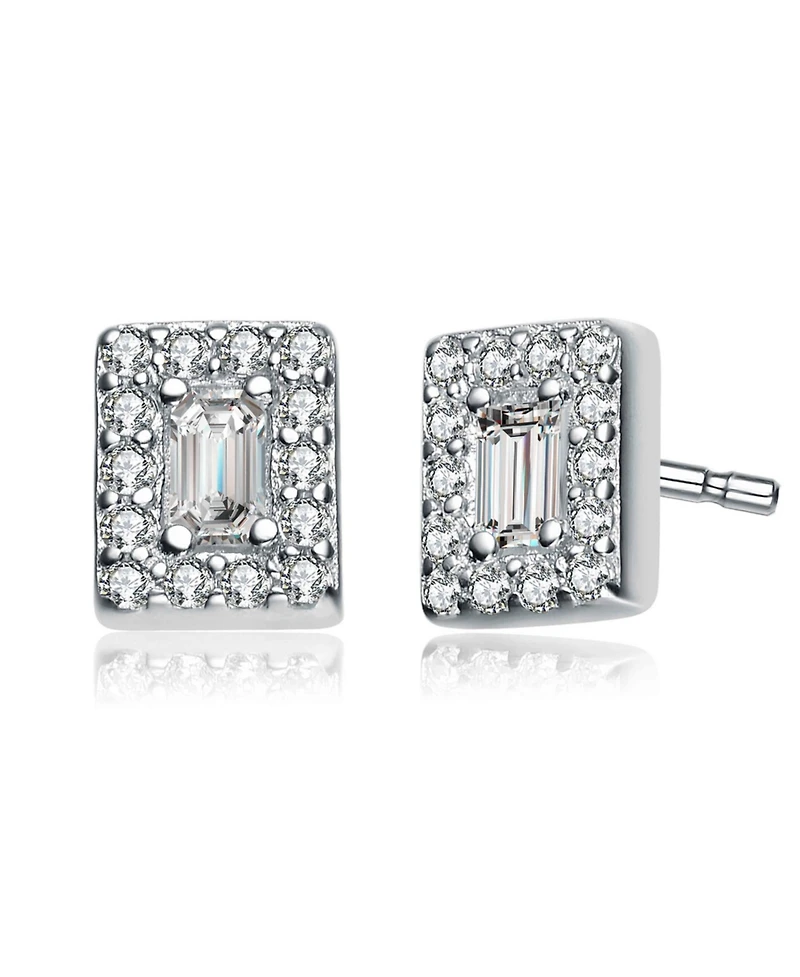Genevive Sterling Silver White Gold Plating with Clear Cubic Zirconia Square Earrings