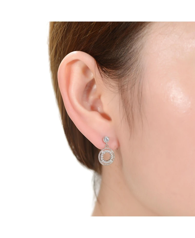 Rachel Glauber White Gold Plating with Cubic Zirconia Double Halo Drop Dangle Earrings