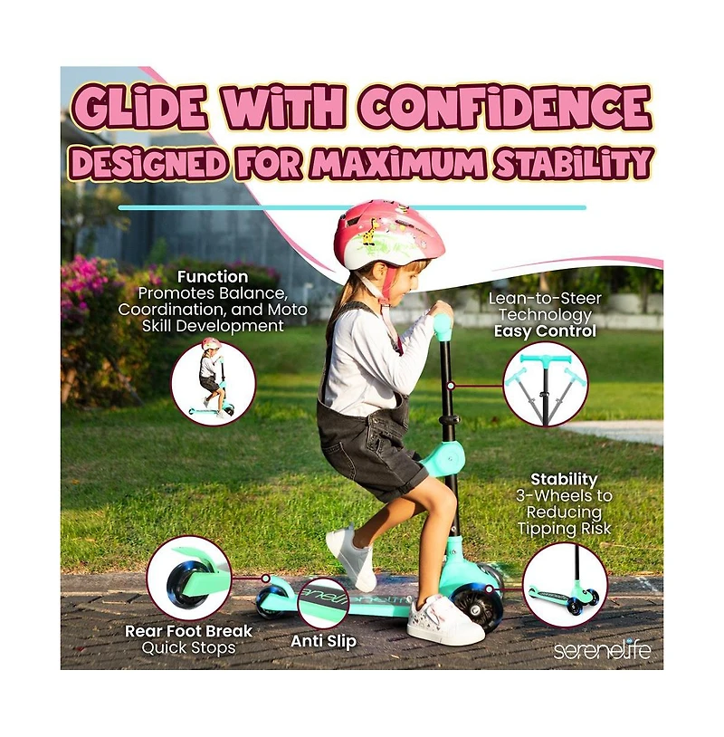 3-Wheel Foldable Kids Scooter - Child Toy Scooter with Built-in Led Wheel Lights, Foldable Seat (Mint Green)