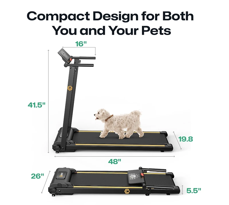 SpaceSaver Folding Treadmill: Urevo Under Desk Hiit Machine, 0.6-6.2MPH Speed, Stores Under Bed. 16" Pet-Friendly Belt & Rotatable Lcd Display