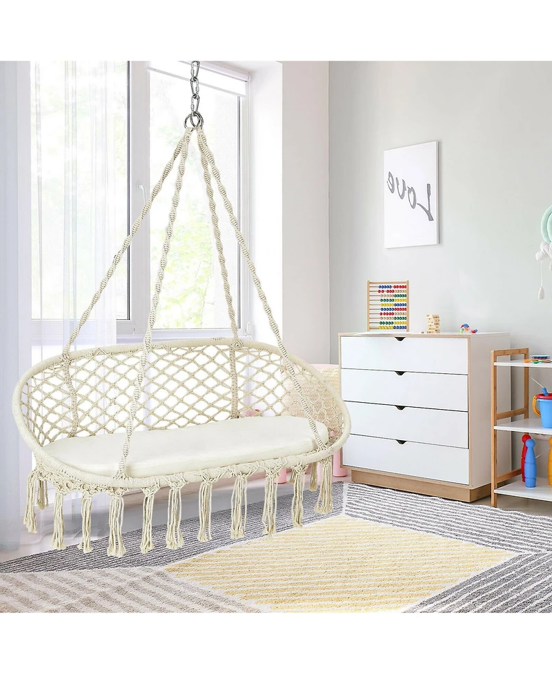Gymax 2 Person Hanging Hammock Chair with Cushion Macrame Swing 330 lbs Capacity