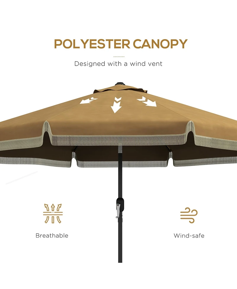 9ft Patio Umbrella with Push Button Tilt and Crank, Ruffled Outdoor Market Table Umbrella with Tassles and 8 Ribs
