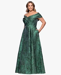 Xscape Plus Off-The-Shoulder Metallic Jacquard Ball Gown