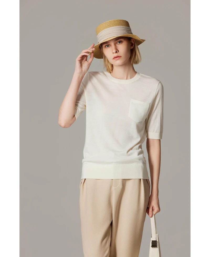 Jennie Liu Women's Tissue Weight 75% Merino Wool 25% Silk Crew Neck Short Sleeve T Shirt Sweater | Ultra Soft Machine-Washable Sweaters