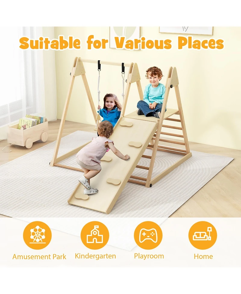 Gymax Kids 5-in-1 Indoor Playground w/ Slide Climbing Rock Adjustable Swing Wooden