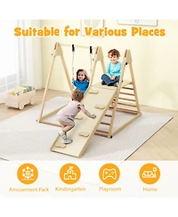 Gymax Kids 5-in-1 Indoor Playground w/ Slide Climbing Rock Adjustable Swing Wooden