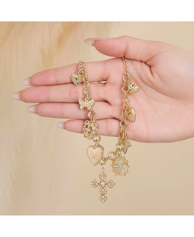 Jessica Simpson Gold-Tone Textured Cross & Heart Charm Necklace