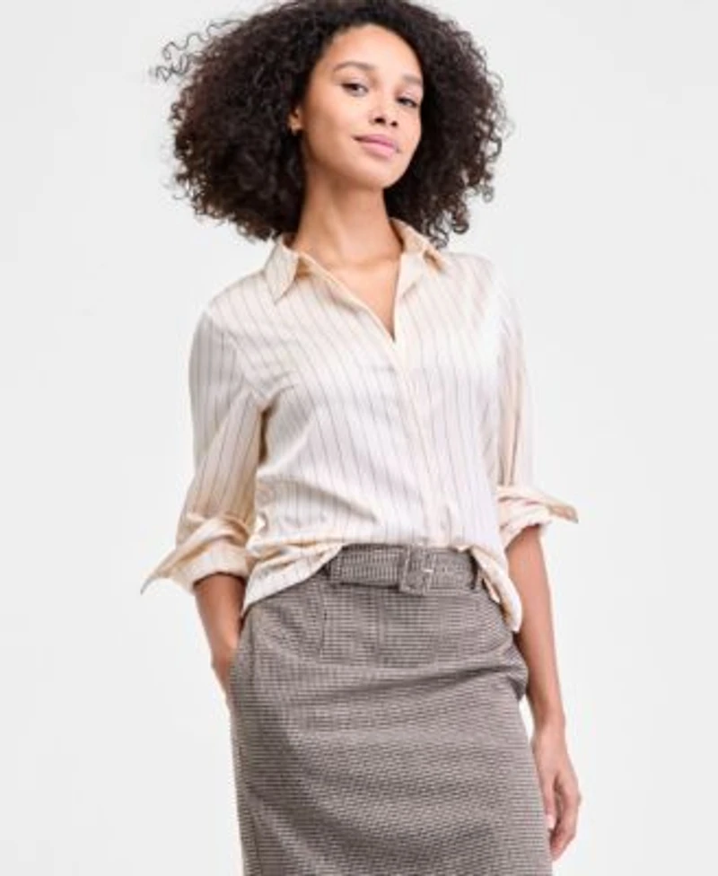 French Connection Womens Satin Pinstripe Blouse Houndstooth Belted Midi Skirt