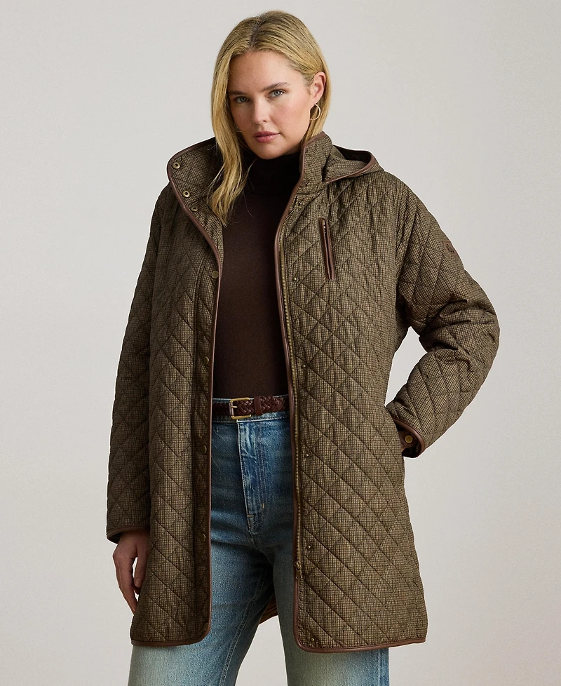 Lauren Ralph Plus Hooded Quilted Faux-Suede-Trim Coat