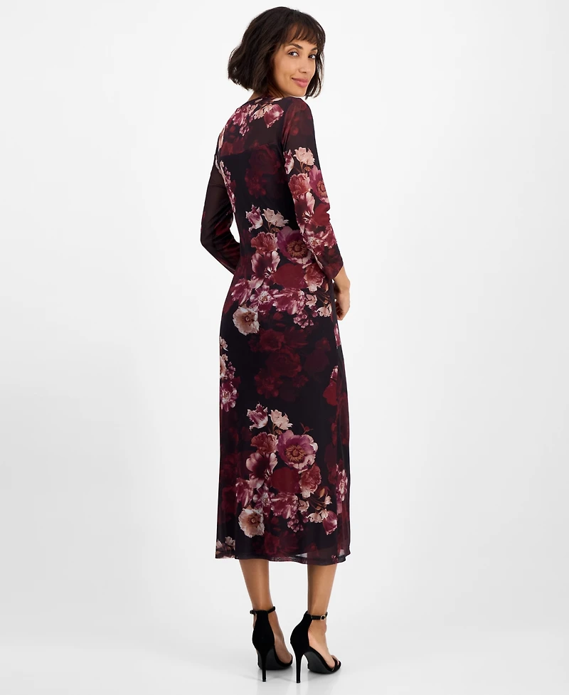 Anne Klein Women's Printed Triple Mesh Side Ruched Midi Dress