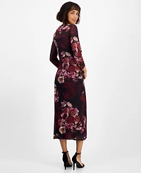 Anne Klein Women's Printed Triple Mesh Side Ruched Midi Dress