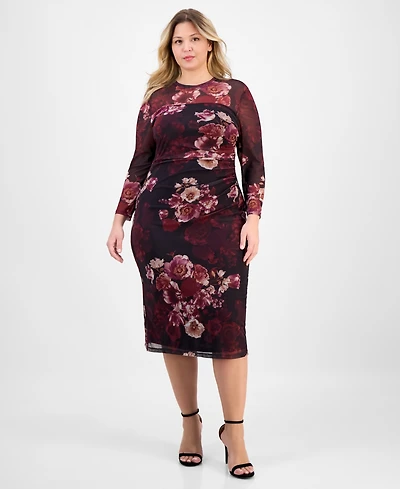 Anne Klein Plus Floral Mesh Side-Ruched Midi Dress