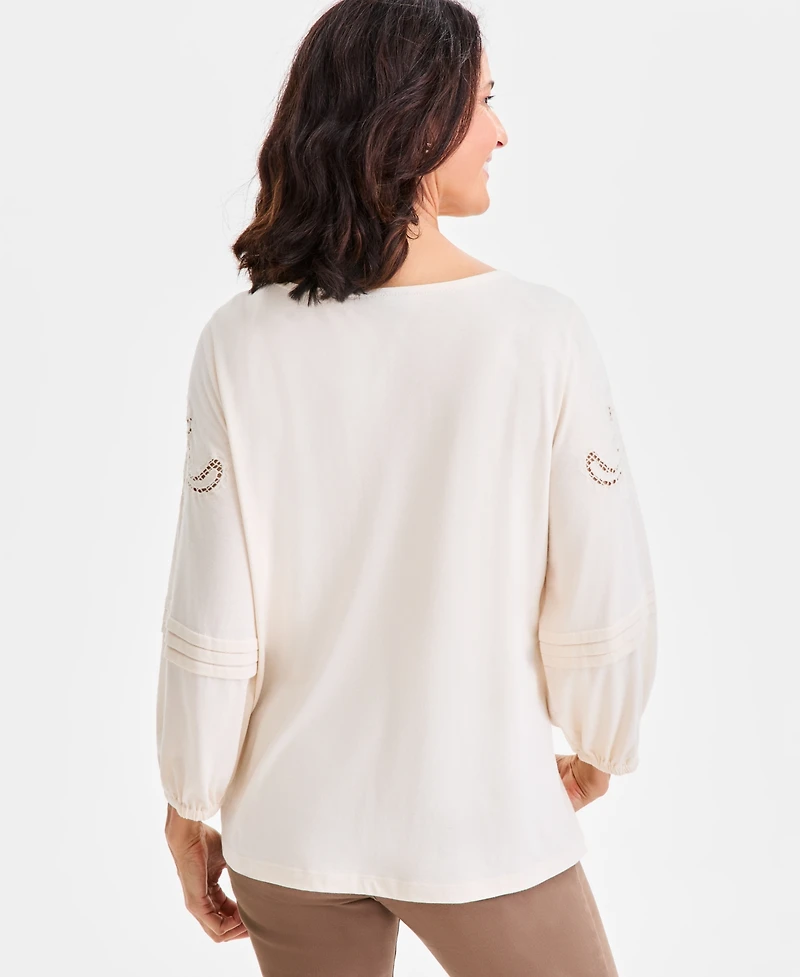 Style & Co Women's Embroidered Lace-Trim Knit Blouse, Macy's Exclusive