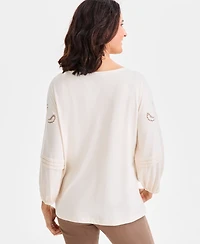 Style & Co Women's Embroidered Lace-Trim Knit Blouse, Macy's Exclusive