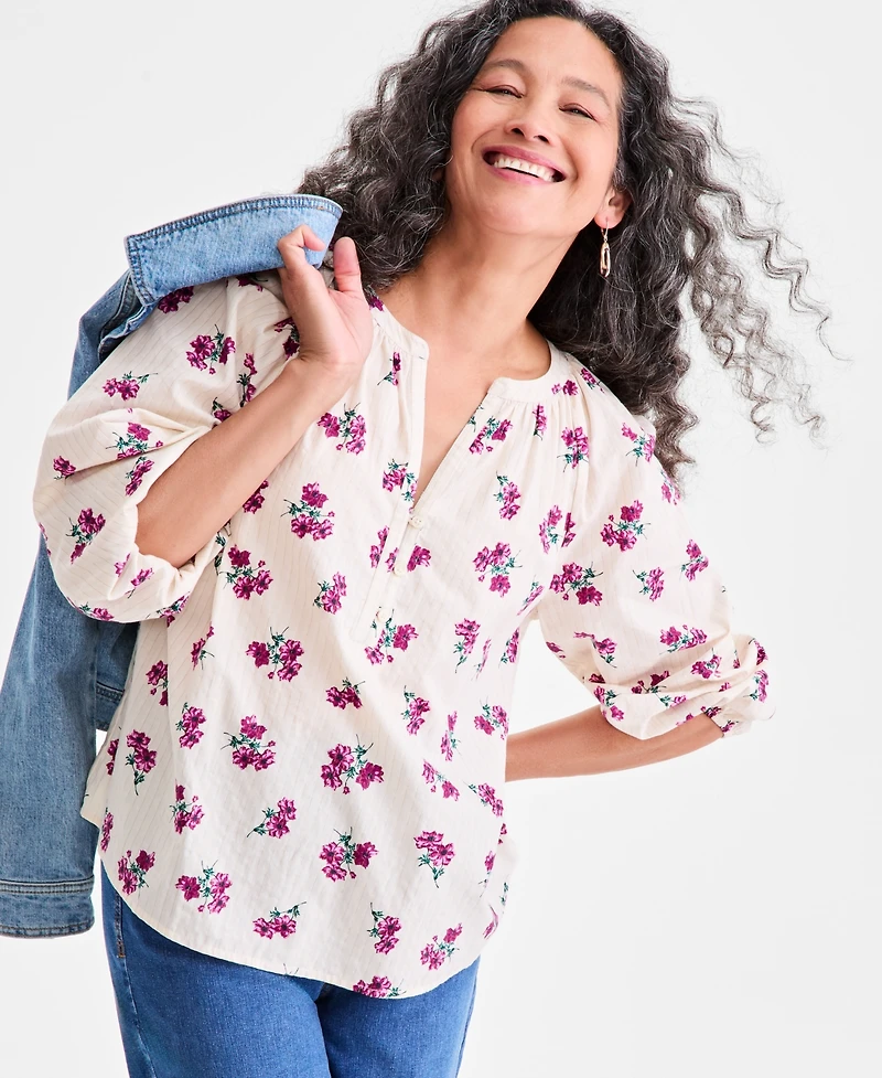 Style & Co Women's Printed Button-Front Raglan-Sleeve Lurex Top, Macy's Exclusive