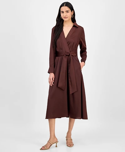 Tahari Asl Women's Collared V-Neck Tie-Waist Midi Dress