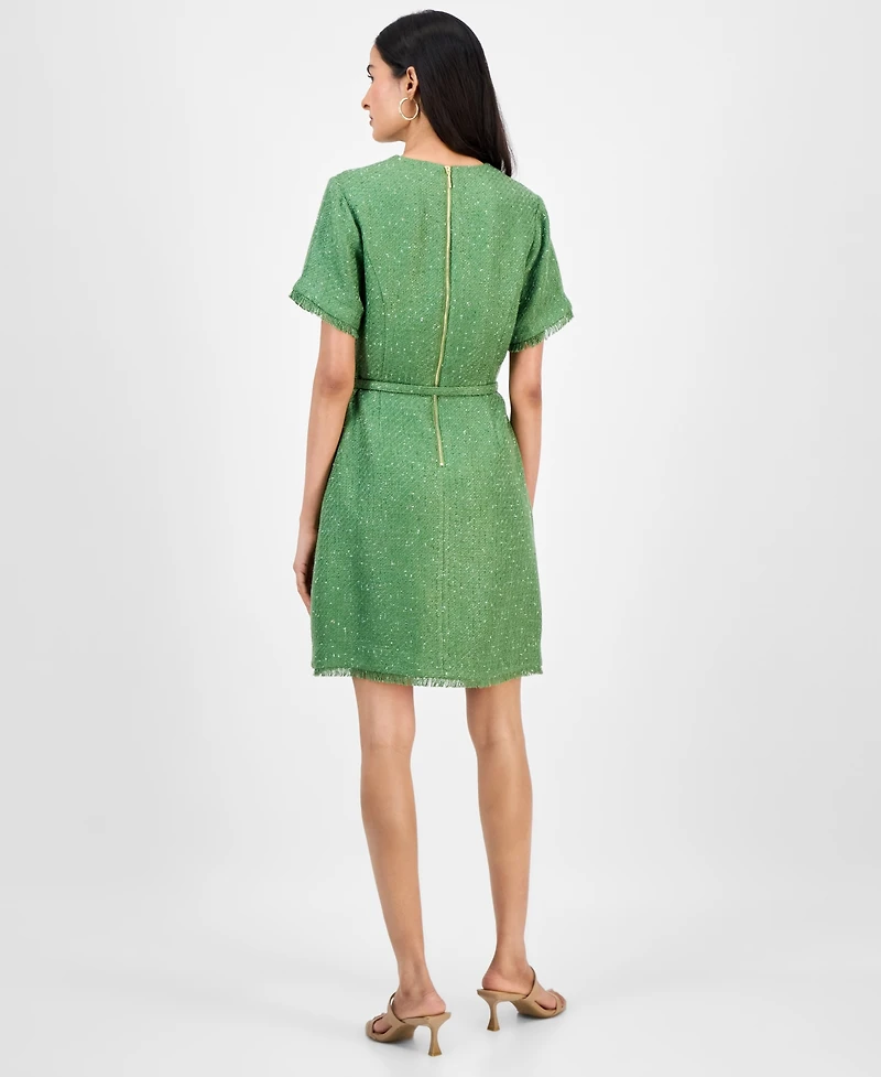 Tahari Asl Women's Bow-Belt Frayed-Edge Short-Sleeve Dress