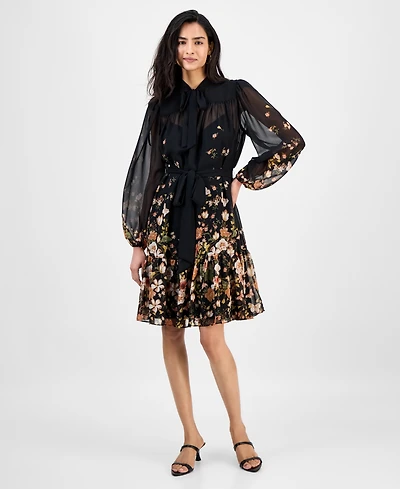 Tahari Asl Women's Tie-Neck Belted Long-Sleeve Dress