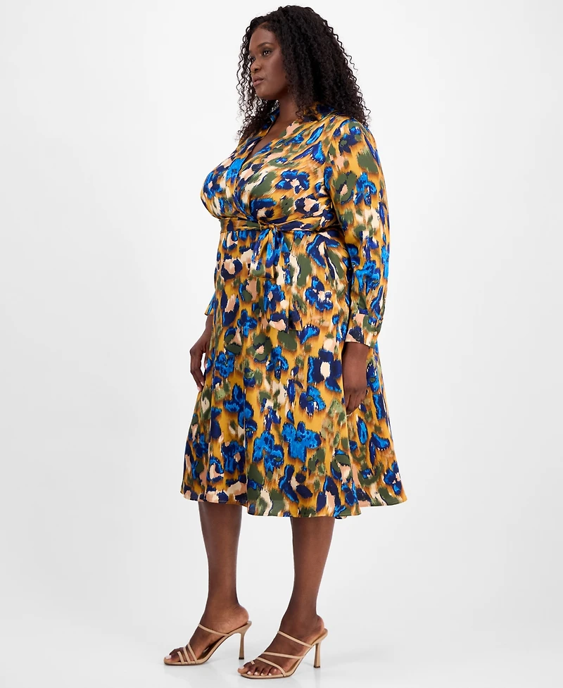 Tahari Asl Plus Printed V-Neck Tie-Waist Midi Dress