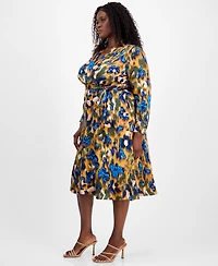 Tahari Asl Plus Printed V-Neck Tie-Waist Midi Dress