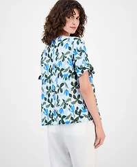 Charter Club Women's 100% Linen Floral-Print Tie-Sleeve Top, Macy's Exclusive