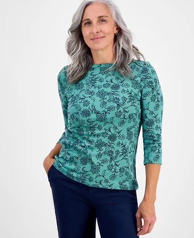 Style & Co Petite Cotton Floral 3/4-Sleeve Boat-Neck Top, Macy's Exclusive