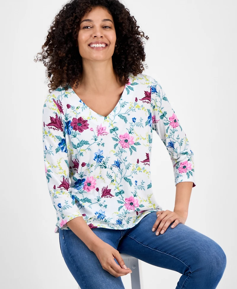Style & Co Petite Chintz Floral V-Neck 3/4-Sleeve T-Shirt, Macy's Exclusive