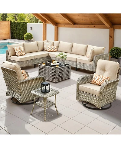 Xizzi 10 Piece Outdoor Patio Furniture with Swivel Chairs,All Weather Wicker Sectional Coversation Set Solar Coffee Table, Single Modular Chairs