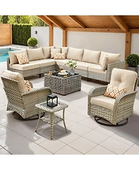 Xizzi 10 Piece Outdoor Patio Furniture with Swivel Chairs,All Weather Wicker Sectional Coversation Set Solar Coffee Table, Single Modular Chairs