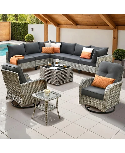 Xizzi 10 Piece Outdoor Patio Furniture with Swivel Chairs,All Weather Wicker Sectional Coversation Set Solar Coffee Table, Single Modular Chairs