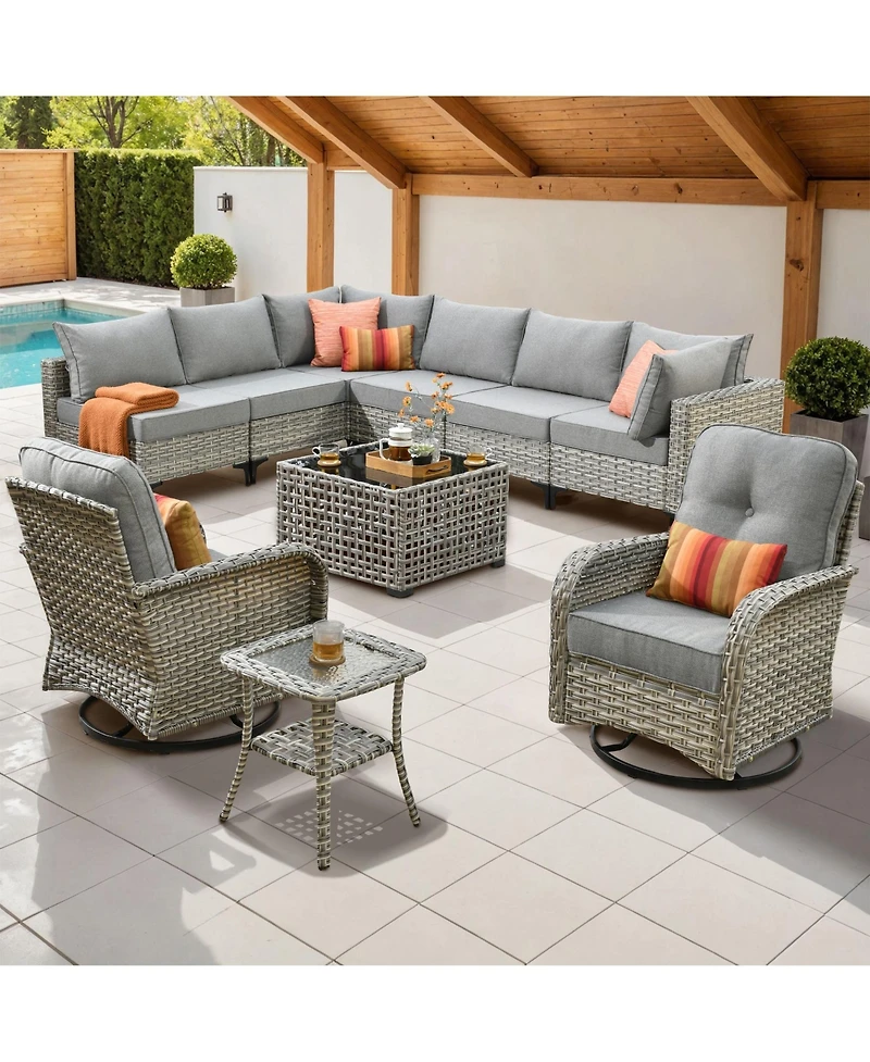Xizzi 10 Piece Outdoor Patio Furniture with Swivel Chairs,All Weather Wicker Sectional Coversation Set Solar Coffee Table, Single Modular Chairs