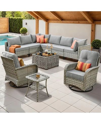 Xizzi 10 Piece Outdoor Patio Furniture with Swivel Chairs,All Weather Wicker Sectional Coversation Set Solar Coffee Table, Single Modular Chairs