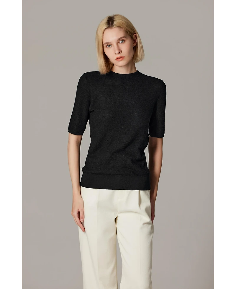Jennie Liu Women's Funnel Neck Short Sleeve Sweater | 75% Merino Wool 25% Silk Ultra Soft Fine-gauge Knit Top Machine Washable