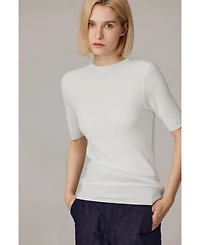 Jennie Liu Women's Funnel Neck Short Sleeve Sweater | 75% Merino Wool 25% Silk Ultra Soft Fine-gauge Knit Top Machine Washable