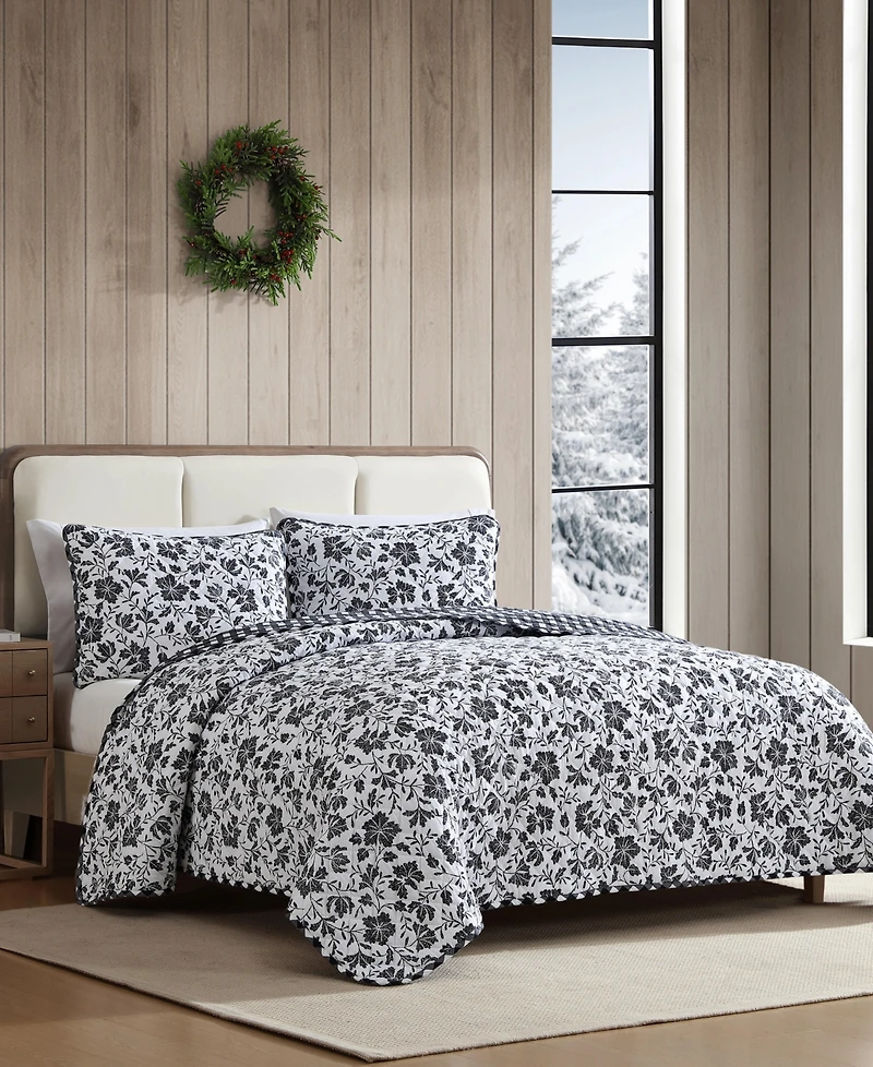 Eddie Bauer Woodblock Floral Flannel Cotton Reversible 3-Pc. Quilt Set