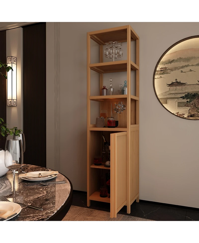Casainc Tall Slim Storage Cabinet with Shutter Door and 3-Tier Shelves, Freestanding Bamboo Organizer for Home