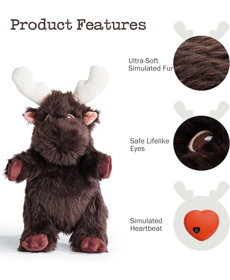 Fuzzwoof Moose HeartBeat Cuddle Dog Toy, Plush Stuffed Animal Pal with Battery-Powered Heartbeat, Ideal Comfort & Anxiety Relief Toy