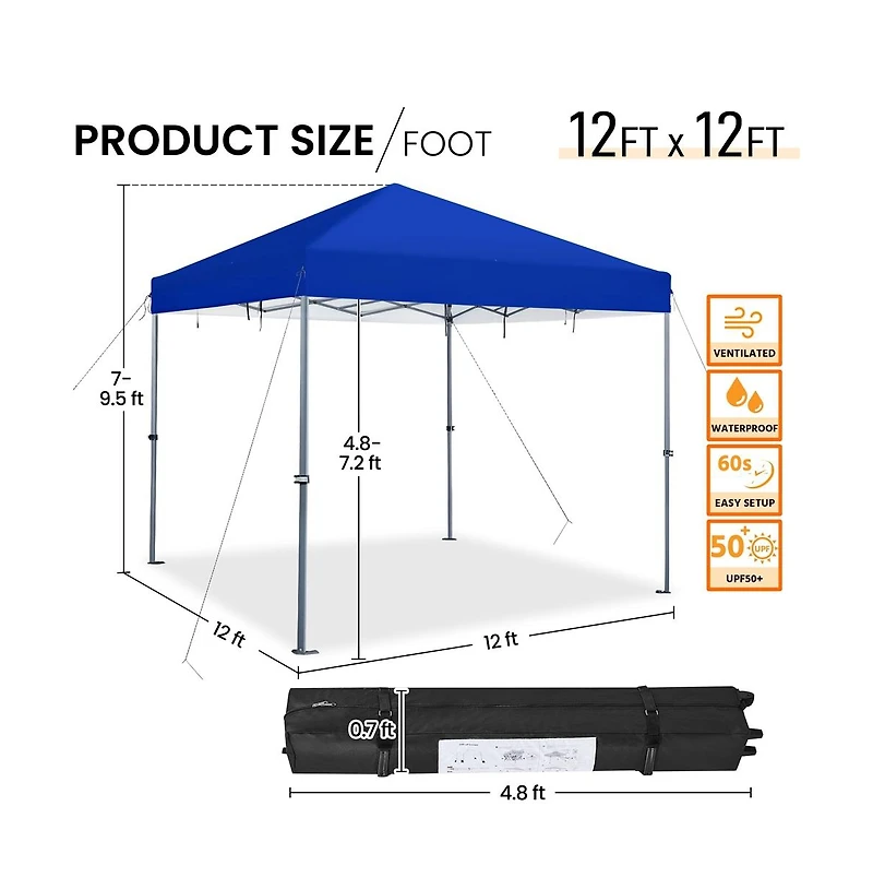 Yaheetech 12x12 Ft Pop-up Canopy One-Push-To-Lock Setup Blue