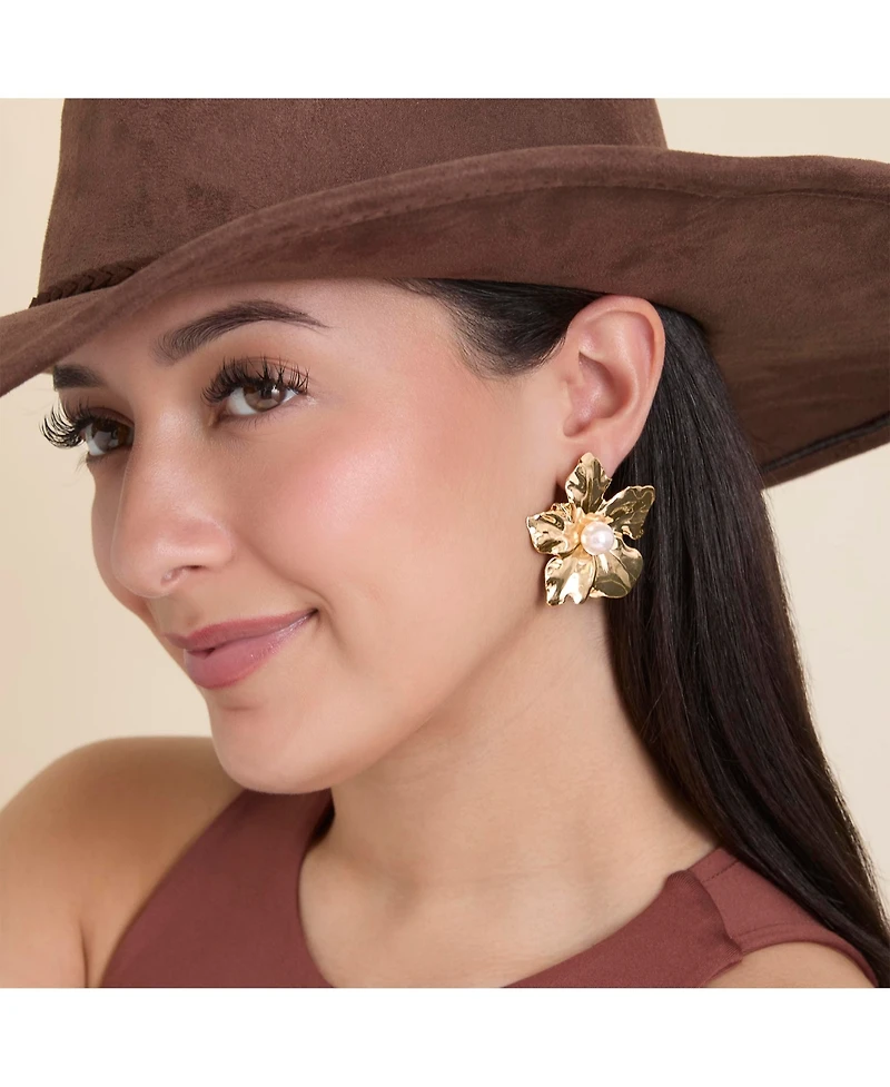 Jessica Simpson Statement Flower Earrings with Pearl Center in Gold-Tone