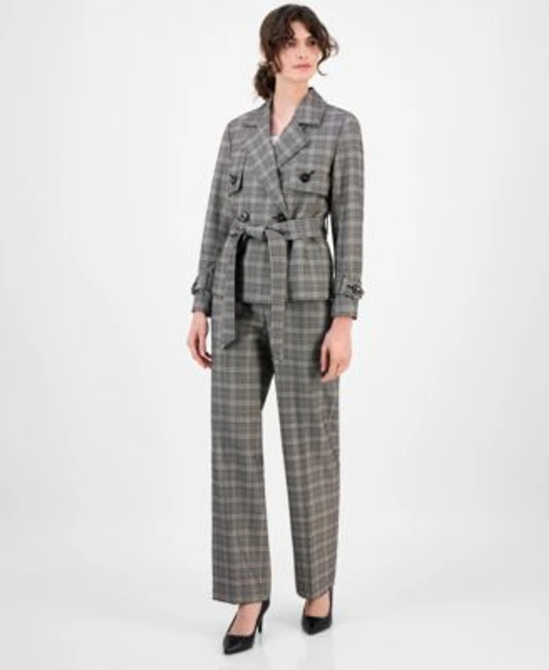 Anne Klein Womens Plaid Belted Button Front Trench Jacket Plaid Wide Leg Mid Rise Pants