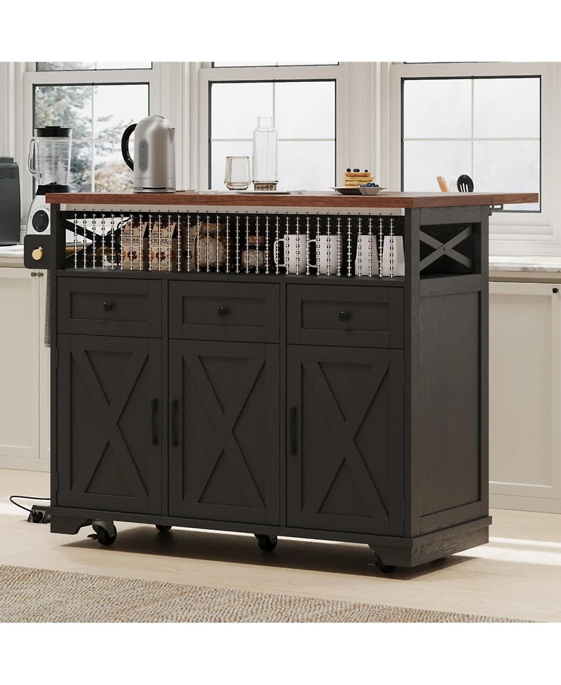 Casainc 46.5" Rolling Kitchen Cart with Drop Leaf, Power Outlet, Beaded Trim, Ample Storage