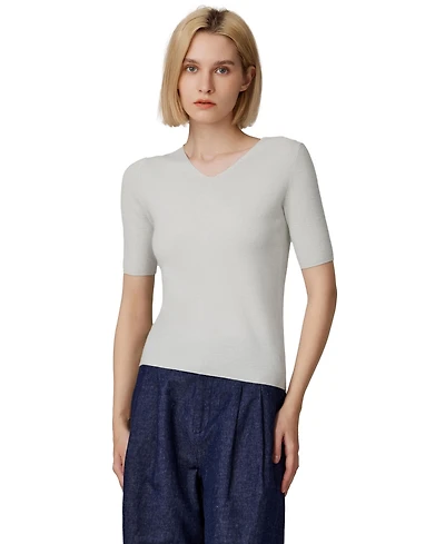 Jennie Liu Women's Merino Wool Lurex Sweater | Shimmer Fine gauge V-Neck Short Sleeve Top Machine Washable Pullover