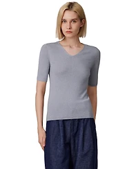 Jennie Liu Women's Merino Wool Lurex Sweater | Shimmer Fine gauge V-Neck Short Sleeve Top Machine Washable Pullover