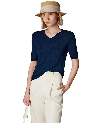 Jennie Liu Women's Merino Wool Lurex Sweater | Shimmer Fine gauge V-Neck Short Sleeve Top Machine Washable Pullover