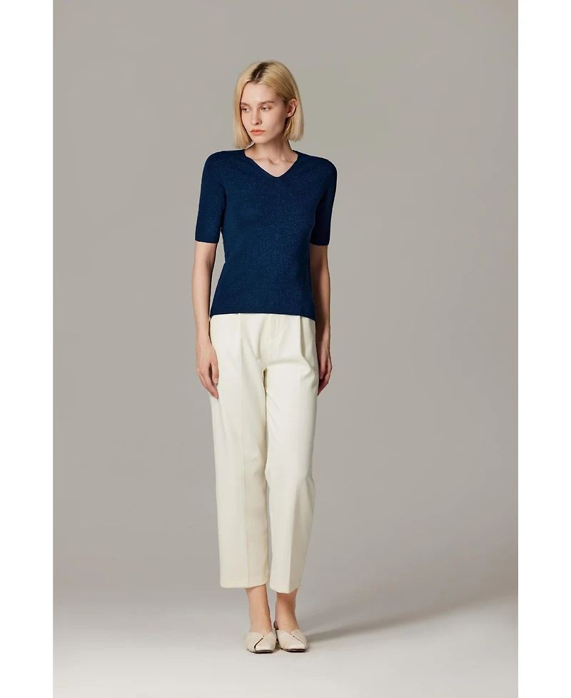 Jennie Liu Women's Merino Wool Lurex Sweater | Shimmer Fine gauge V-Neck Short Sleeve Top Machine Washable Pullover