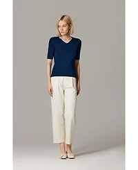 Jennie Liu Women's Merino Wool Lurex Sweater | Shimmer Fine gauge V-Neck Short Sleeve Top Machine Washable Pullover