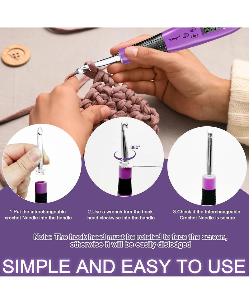 Zcvtbye 18 Size Counting Crochet Hooks Set, Light Up Crochet Hooks for Stitch & Row Counter, Lighted Crochet Needles Kit with Case,Purple