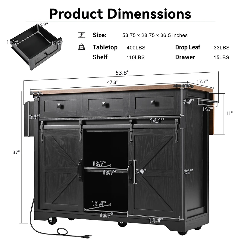 Casainc 53.7" Rolling Kitchen Cart with Barn Doors, Drop Leaf, Power Outlet and Spice Rack (No Stools)